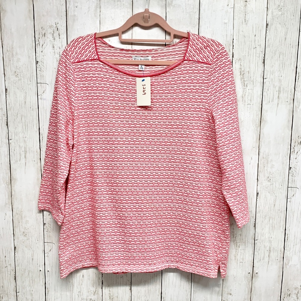 Kim Rogers Bubble Knit Stripe Top Womens Size XL Pink White 3/4 Sleeve Cotton